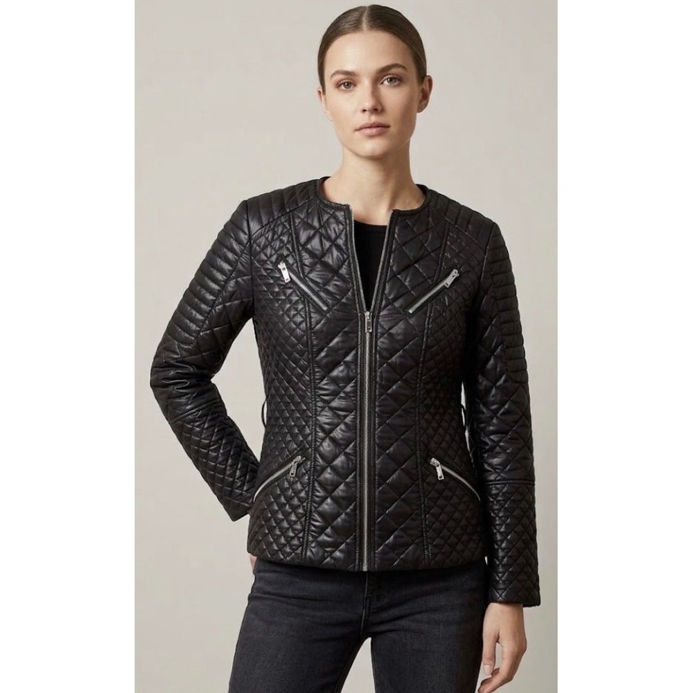 Via Spiga Quilted Moto Jacket Black Pink Lining Belted Puffer Size XS